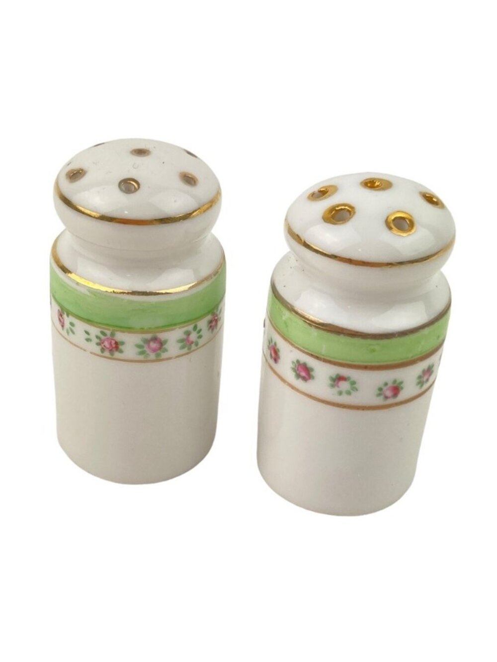 -Nippon China Salt & Pepper Shakers Mini Small Hand Painted Gold Trim Japan